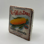 Le Mais Dore artwork printed on square travertine stone coaster