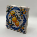 Lemon ceramic artwork printed on square travertine stone coaster