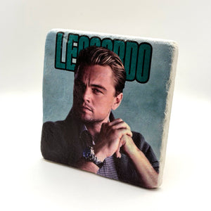 Leonardo DiCaprio portrait printed on square travertine stone coaster