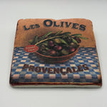 Les Olives artwork printed on square travertine stone coaster