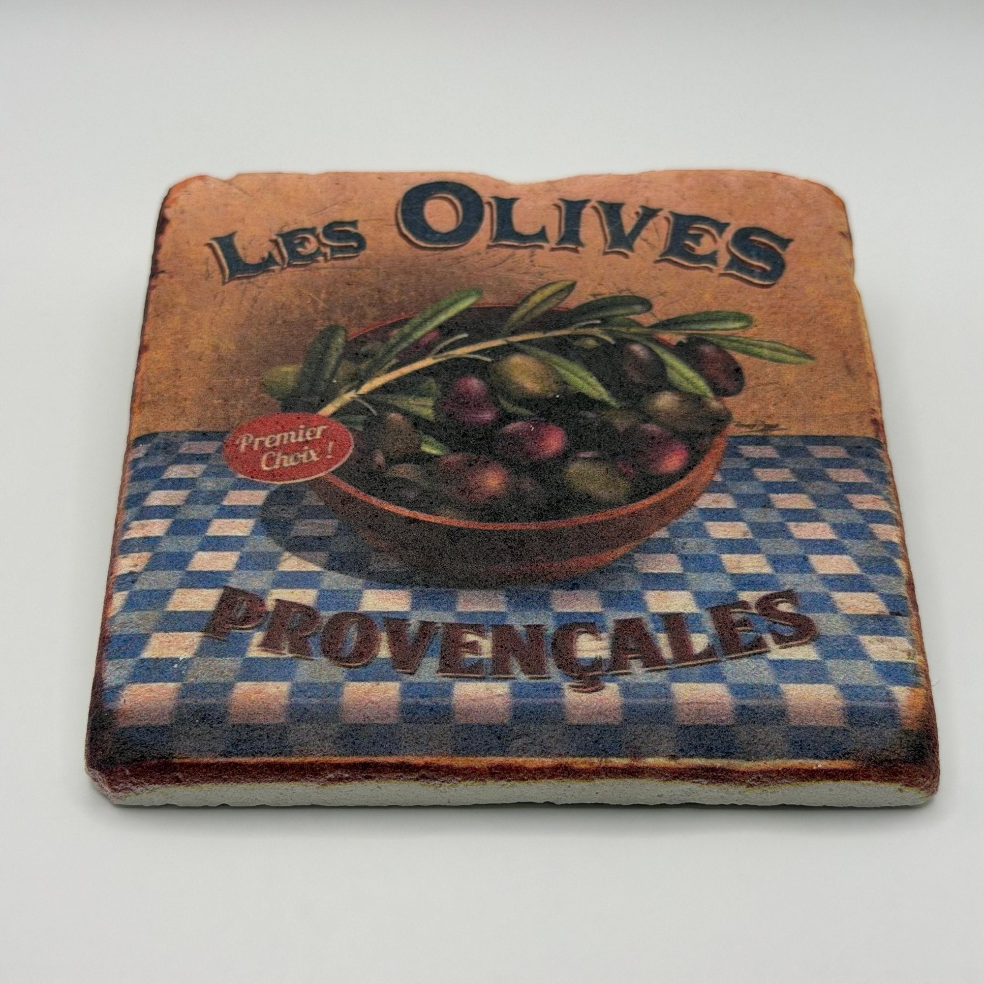 Les Olives artwork printed on square travertine stone coaster
