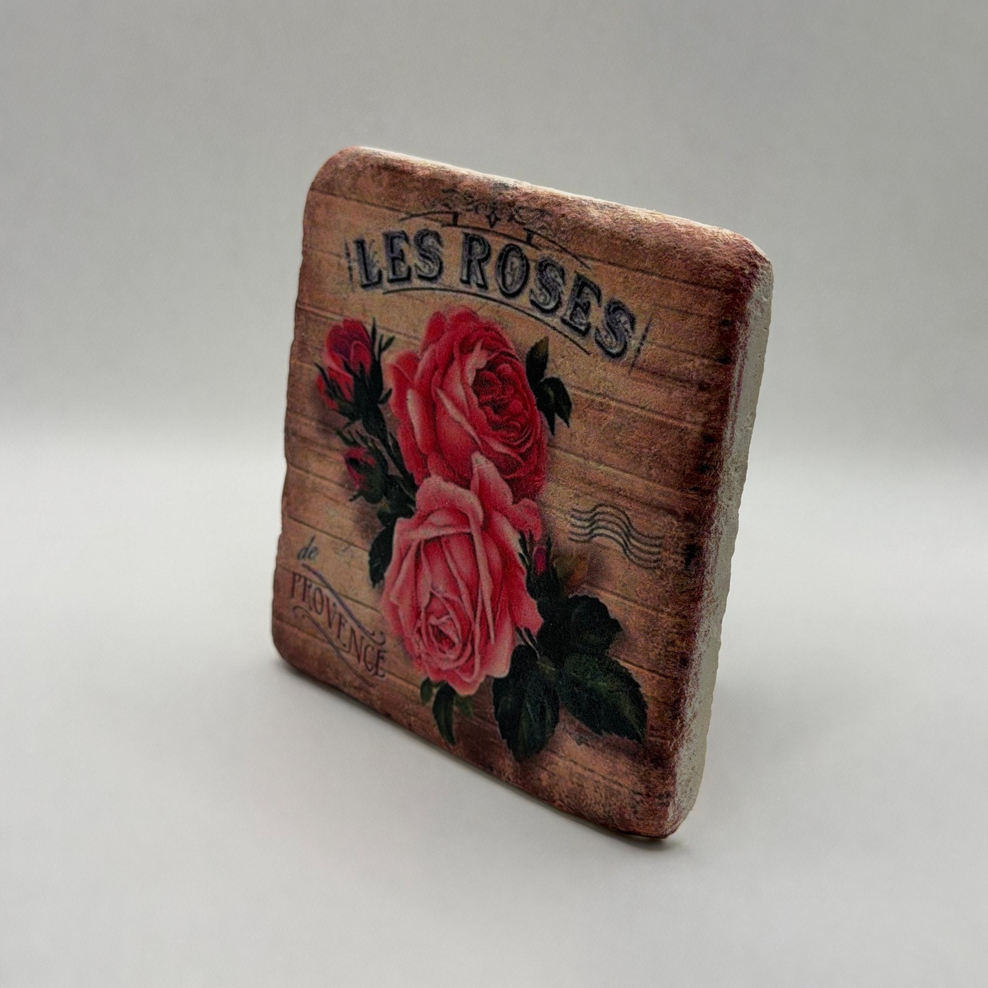 Vintage Les Roses botanical print on square travertine stone coaster