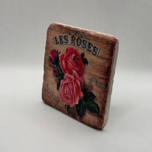 Vintage Les Roses botanical print on square travertine stone coaster