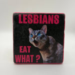 Lesbians Eat What slogan printed on square natural travertine stone coaster
