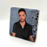 Liam Payne portrait printed on square travertine stone coaster