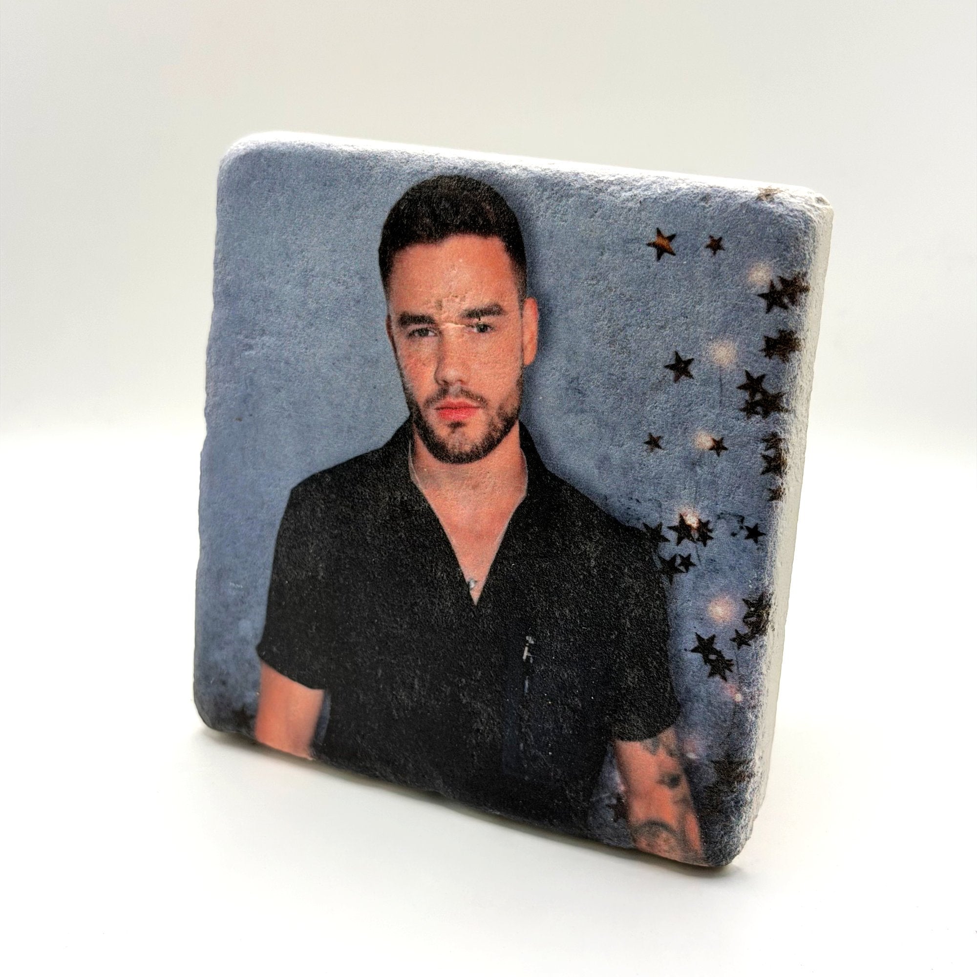 Liam Payne portrait printed on square travertine stone coaster