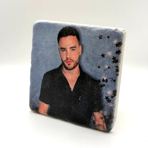 Liam Payne portrait printed on square travertine stone coaster