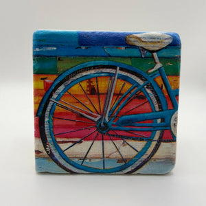 Lifecycles artwork printed on square travertine stone coaster