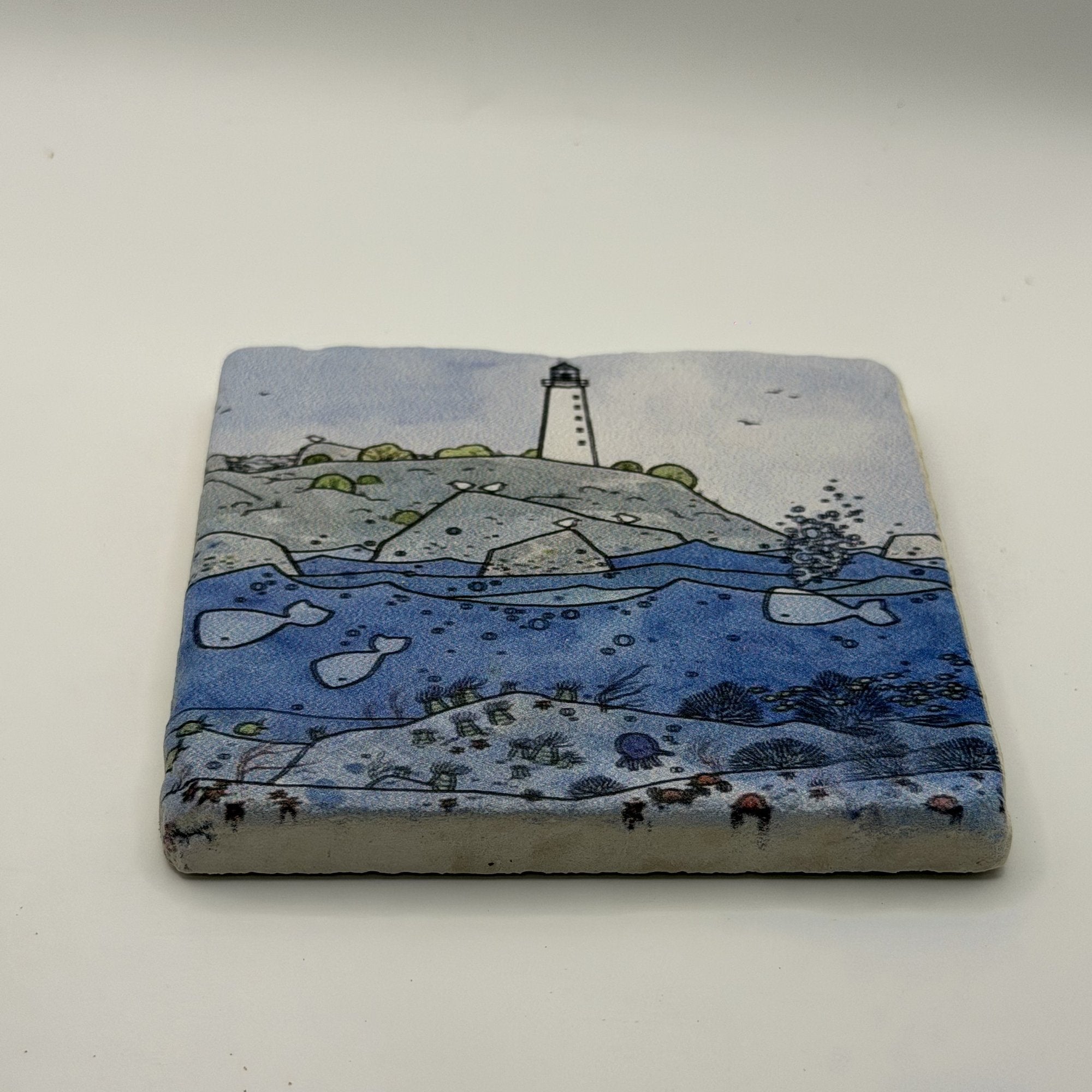 Lighthouse Natural Travertine Stone Coaster artwork