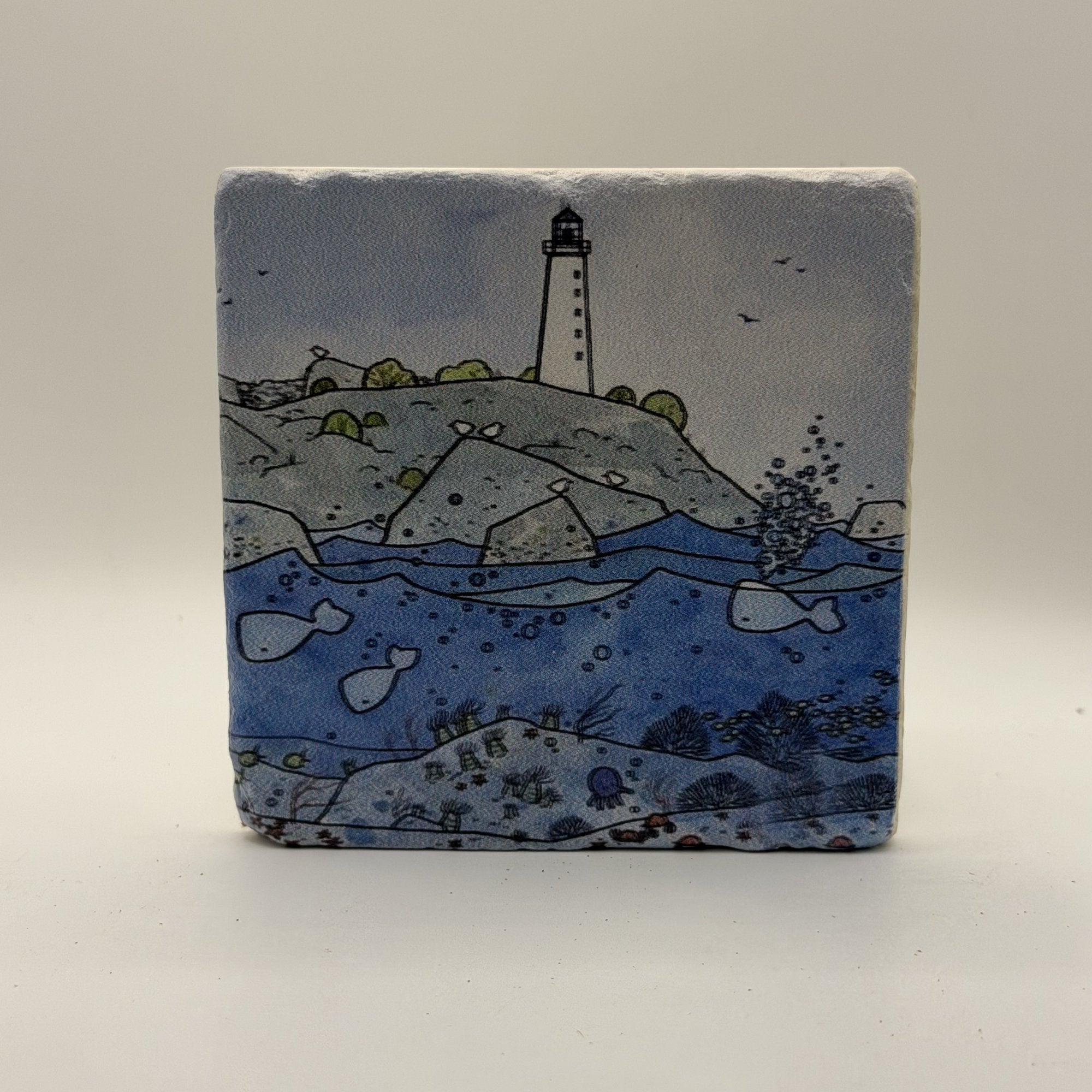 Lighthouse Natural Travertine Stone Coaster artwork