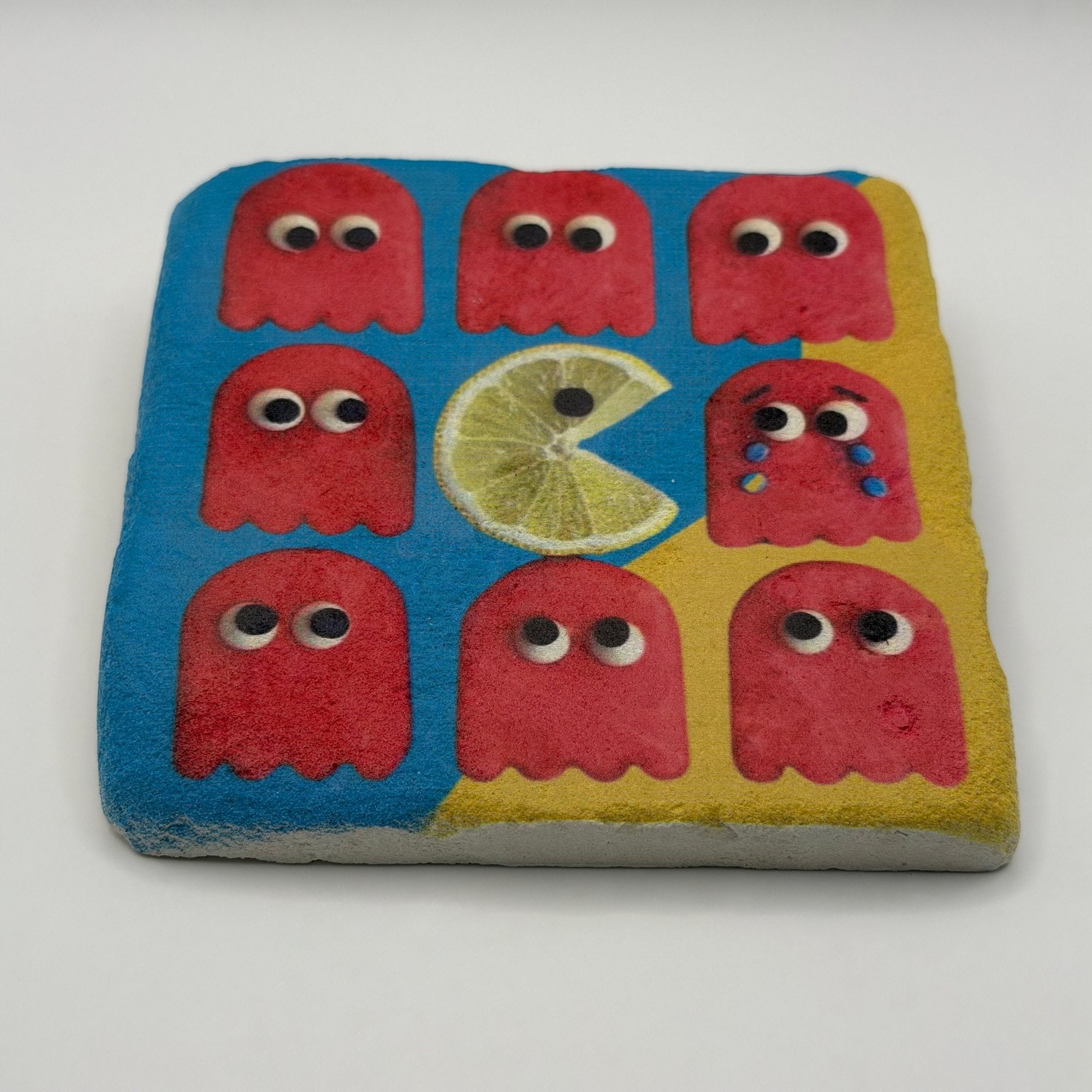 Lime and lemon artwork printed on square travertine stone coaster