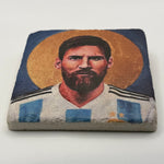 Lionel Messi portrait printed on square travertine stone coaster