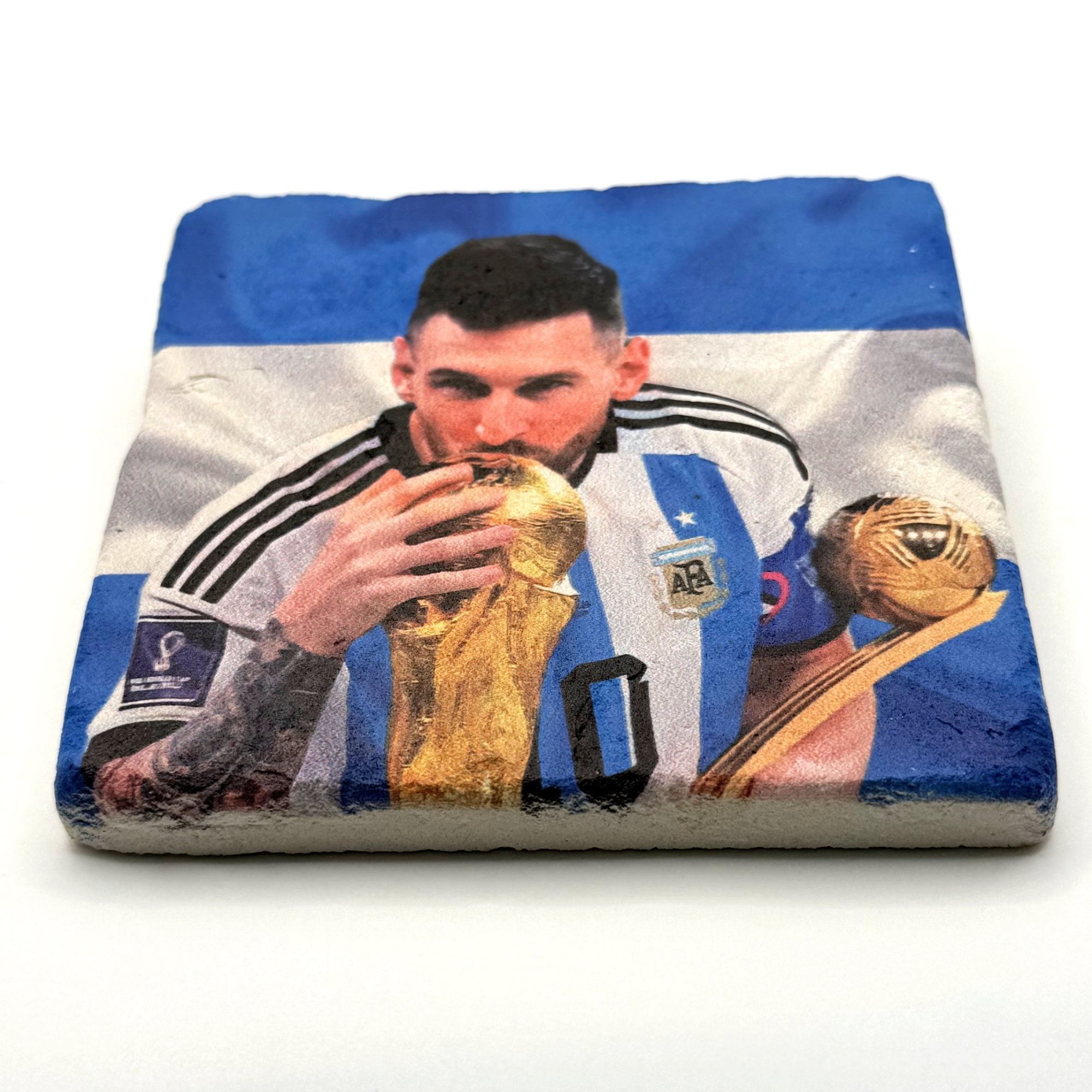 Lionel Messi world cup trophy artwork printed on square travertine stone coaster