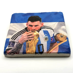 Lionel Messi world cup trophy artwork printed on square travertine stone coaster