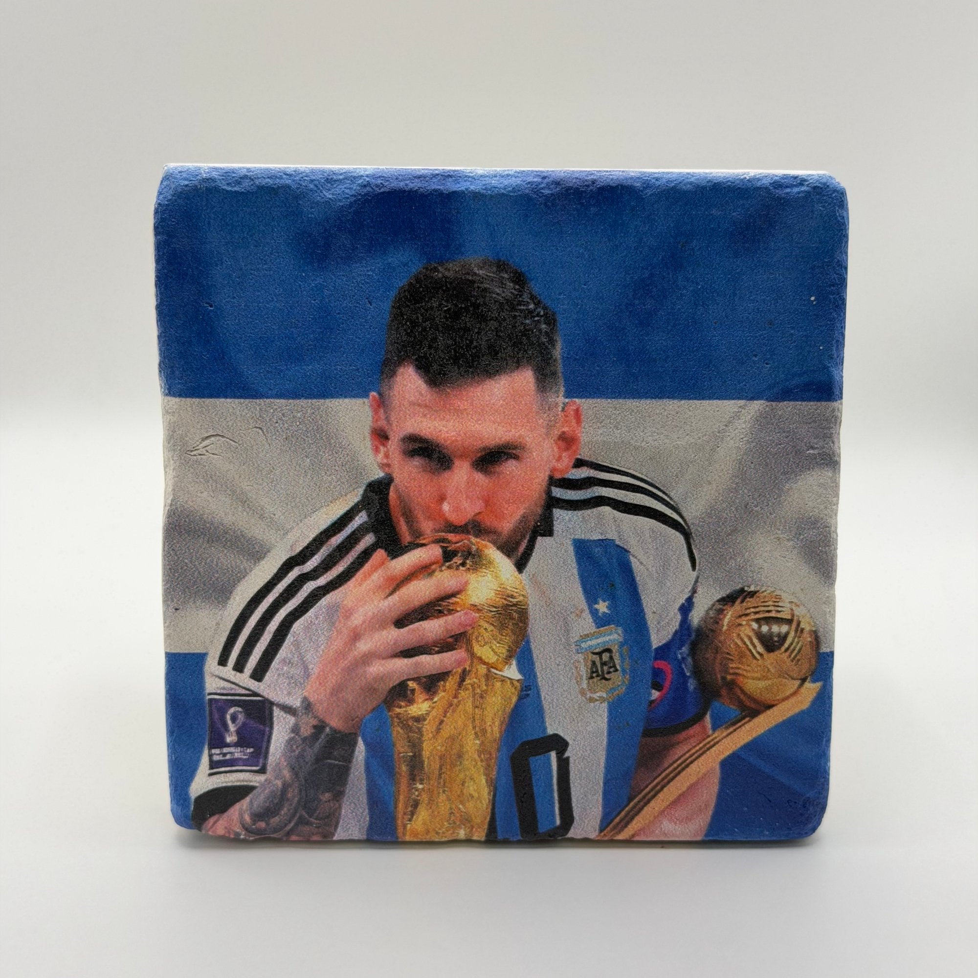 Lionel Messi Stone Coaster | World Cup Trophy Natural Travertine