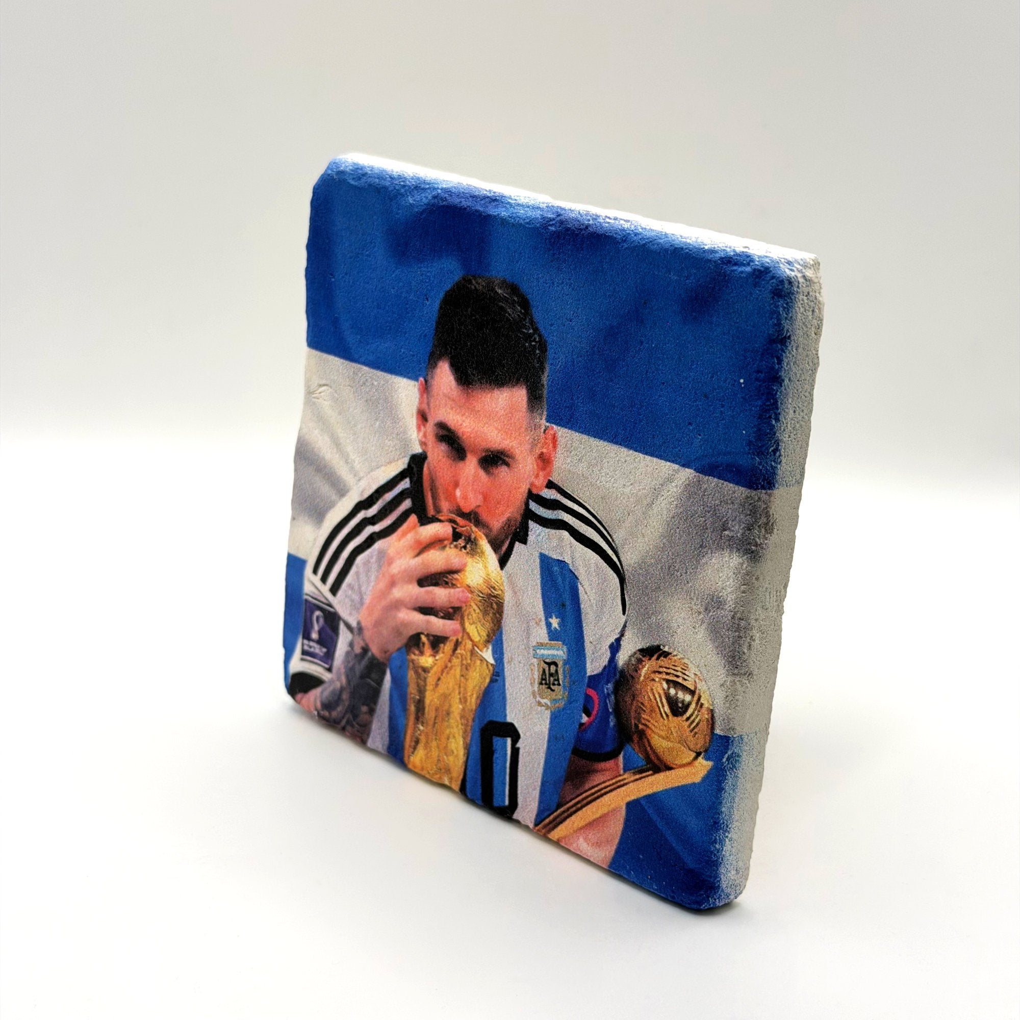 Lionel Messi Stone Coaster | World Cup Trophy Natural Travertine