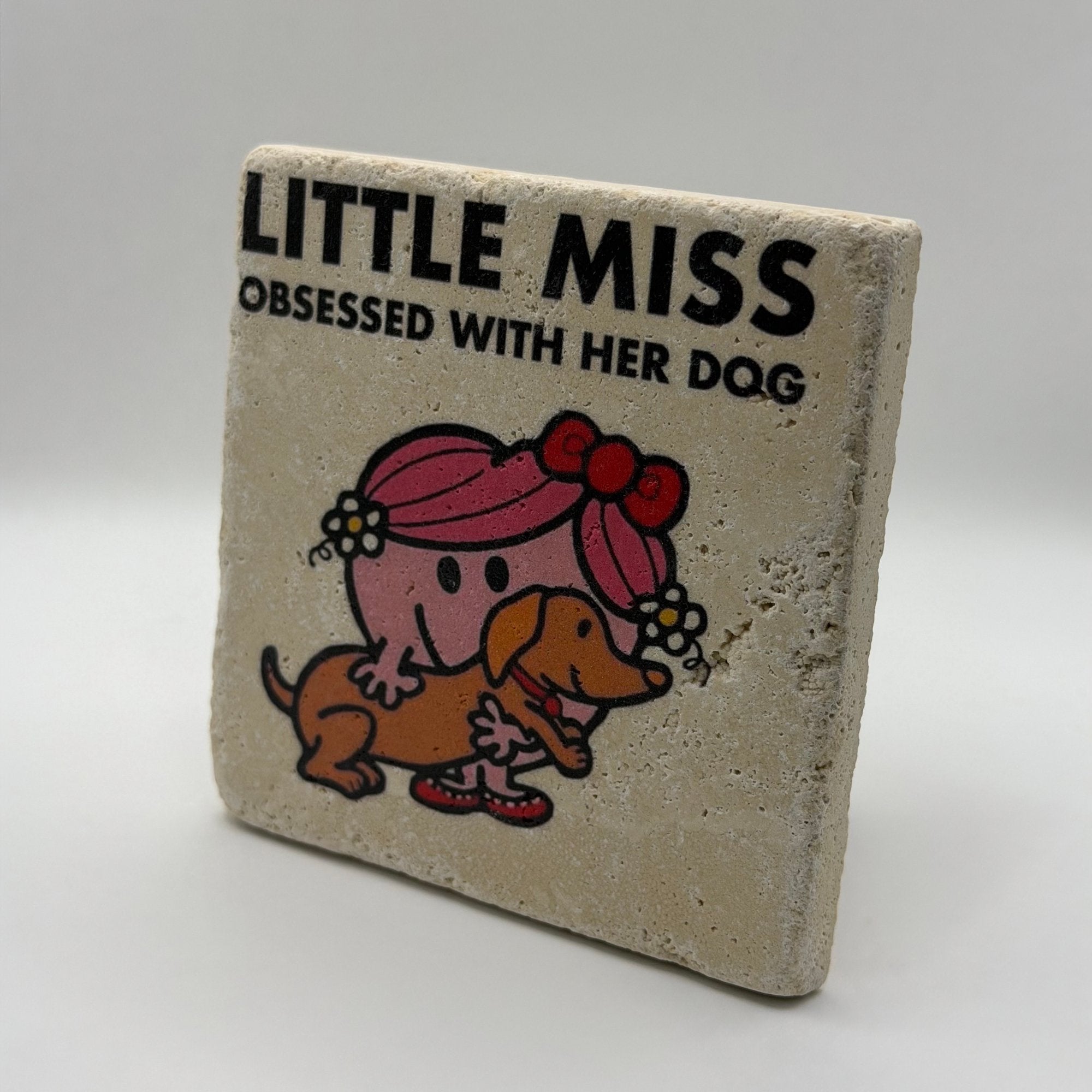 Little Miss illustration printed on square travertine stone coaster