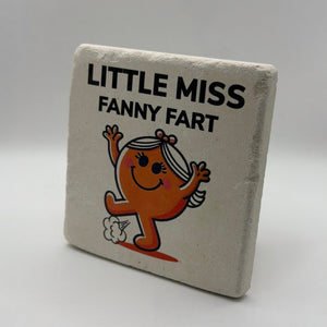 Little Miss Fanny Fart artwork printed on square travertine stone coaster