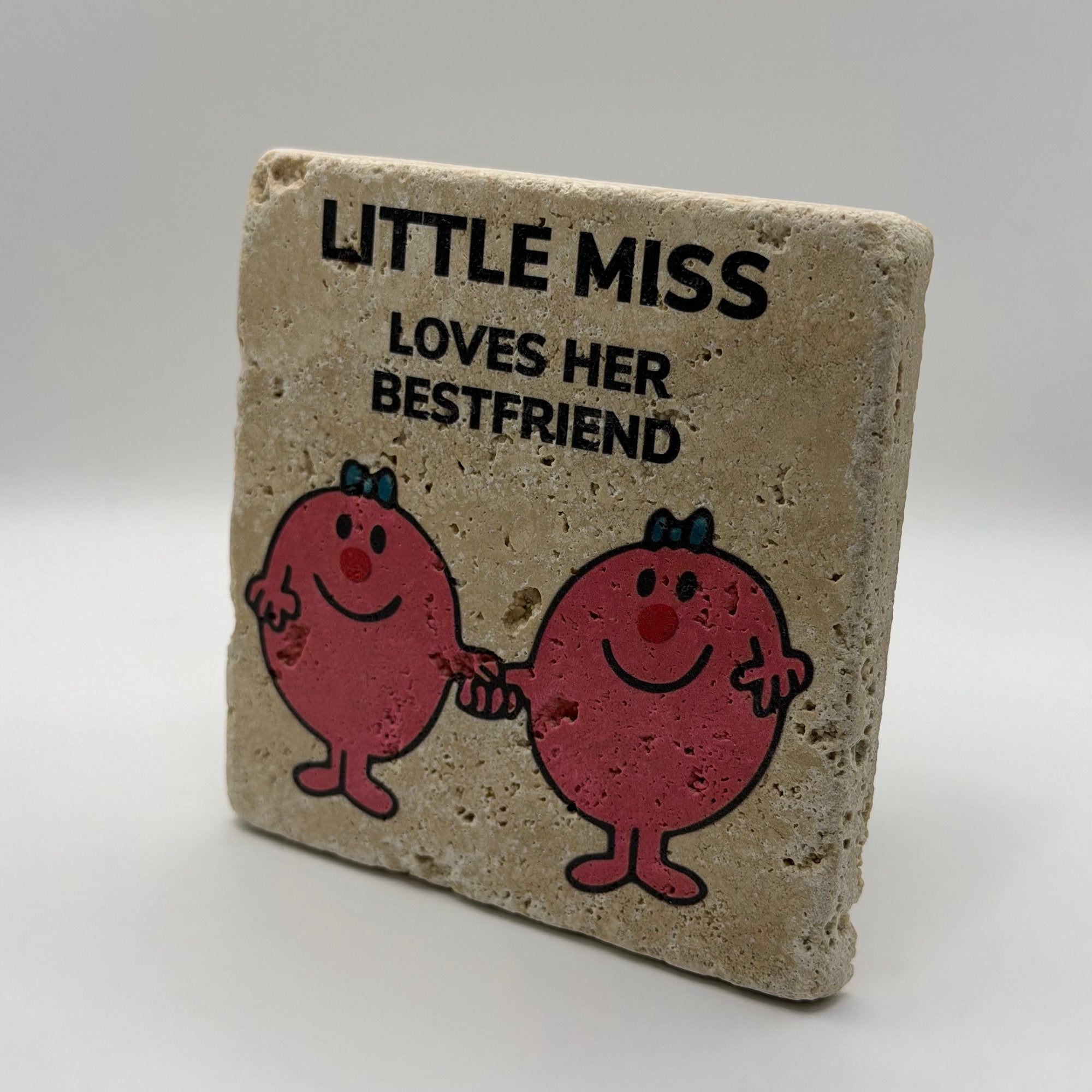 Little Miss artwork featuring 'Love Her Best Friend' phrase printed on square travertine stone coaster