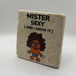 Little Miss Mister Sexy artwork printed on square travertine stone coaster