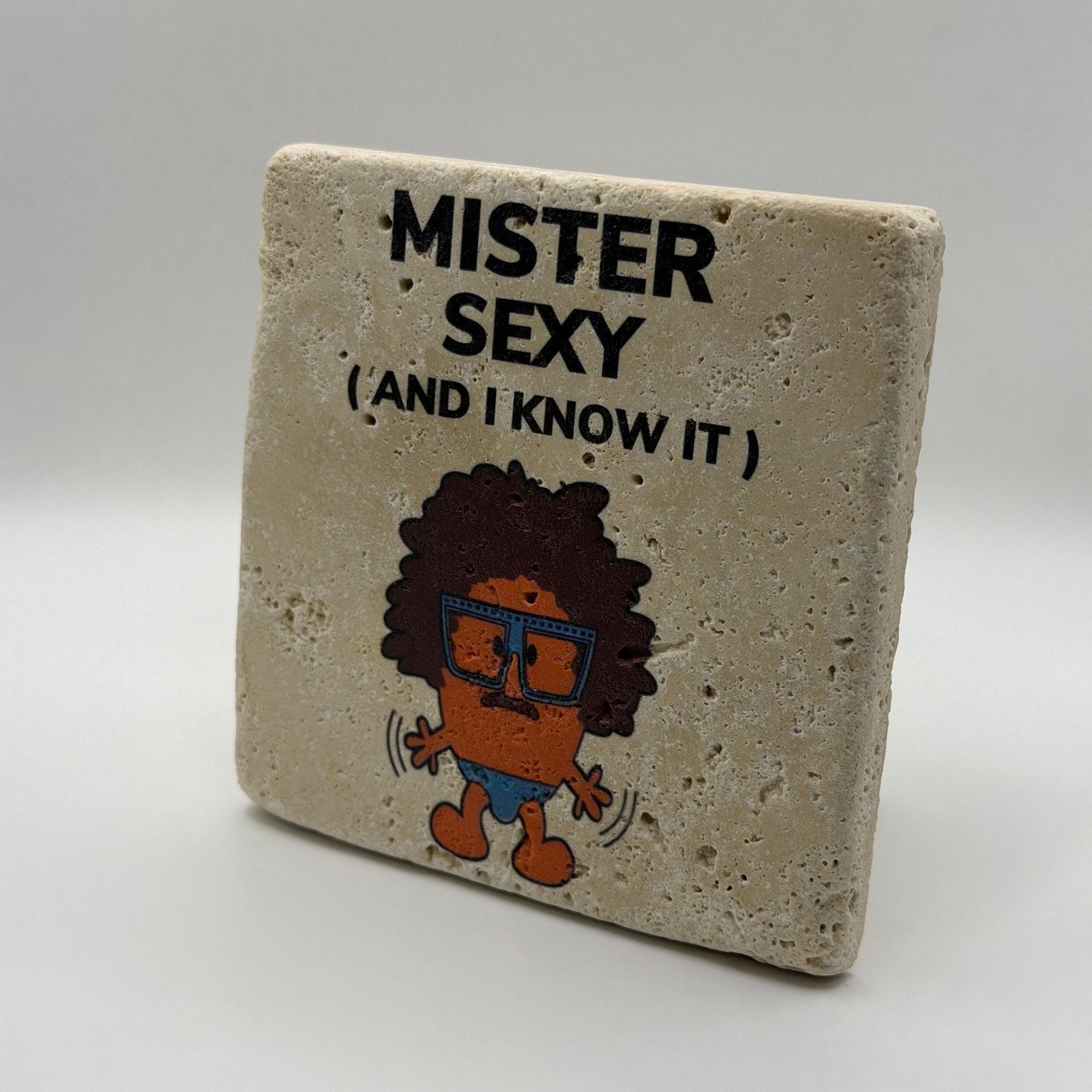 Little Miss Mister Sexy artwork printed on square travertine stone coaster