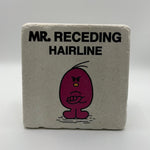 Little Miss Mr. Receding Hairline illustration printed on square travertine stone coaster