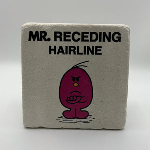 Little Miss Mr. Receding Hairline illustration printed on square travertine stone coaster