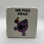 Little Miss Piss Head artwork printed on square travertine stone coaster