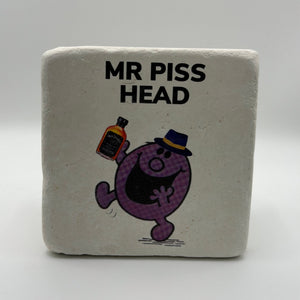 Little Miss Piss Head artwork printed on square travertine stone coaster