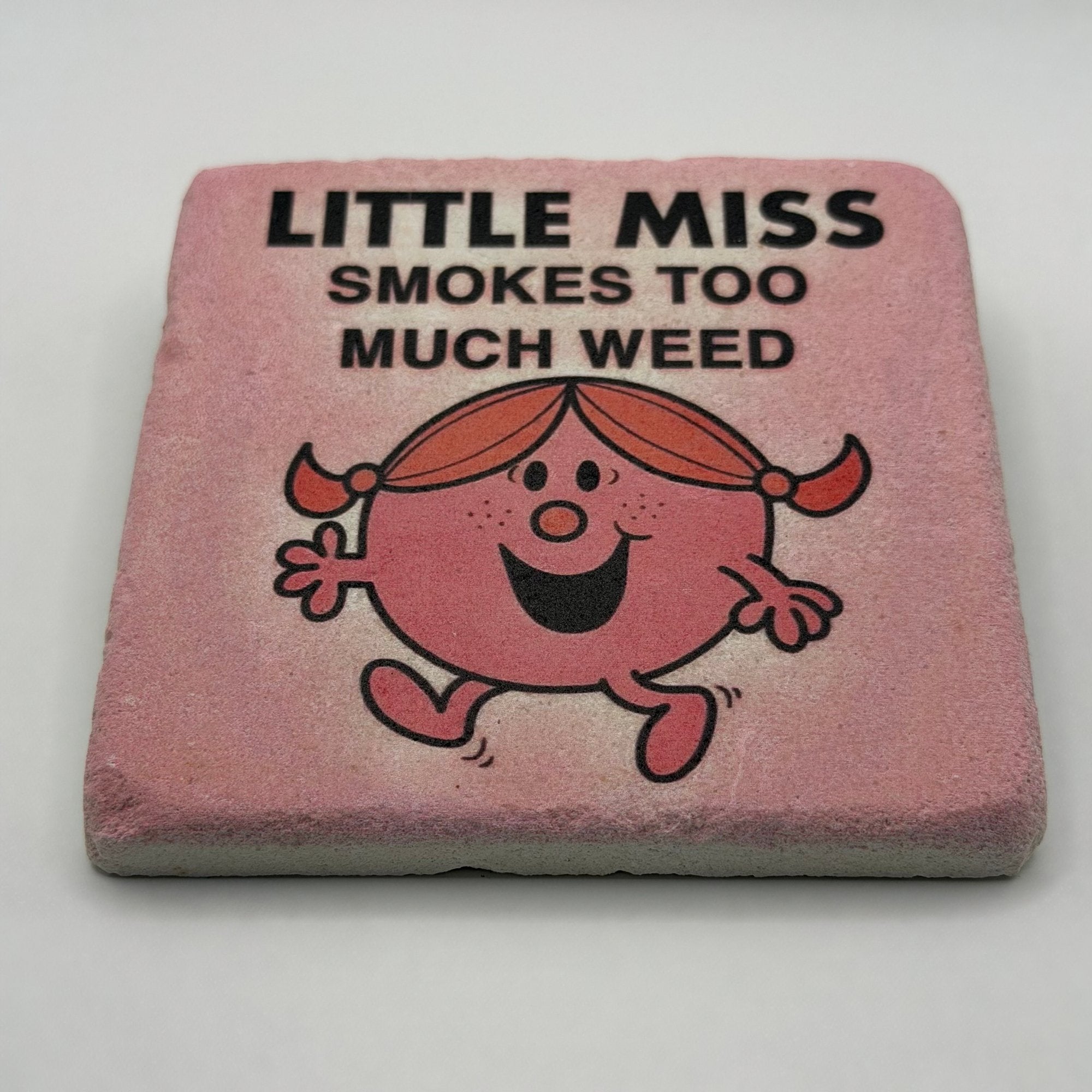 Little Miss cartoon artwork printed on square natural travertine stone coaster