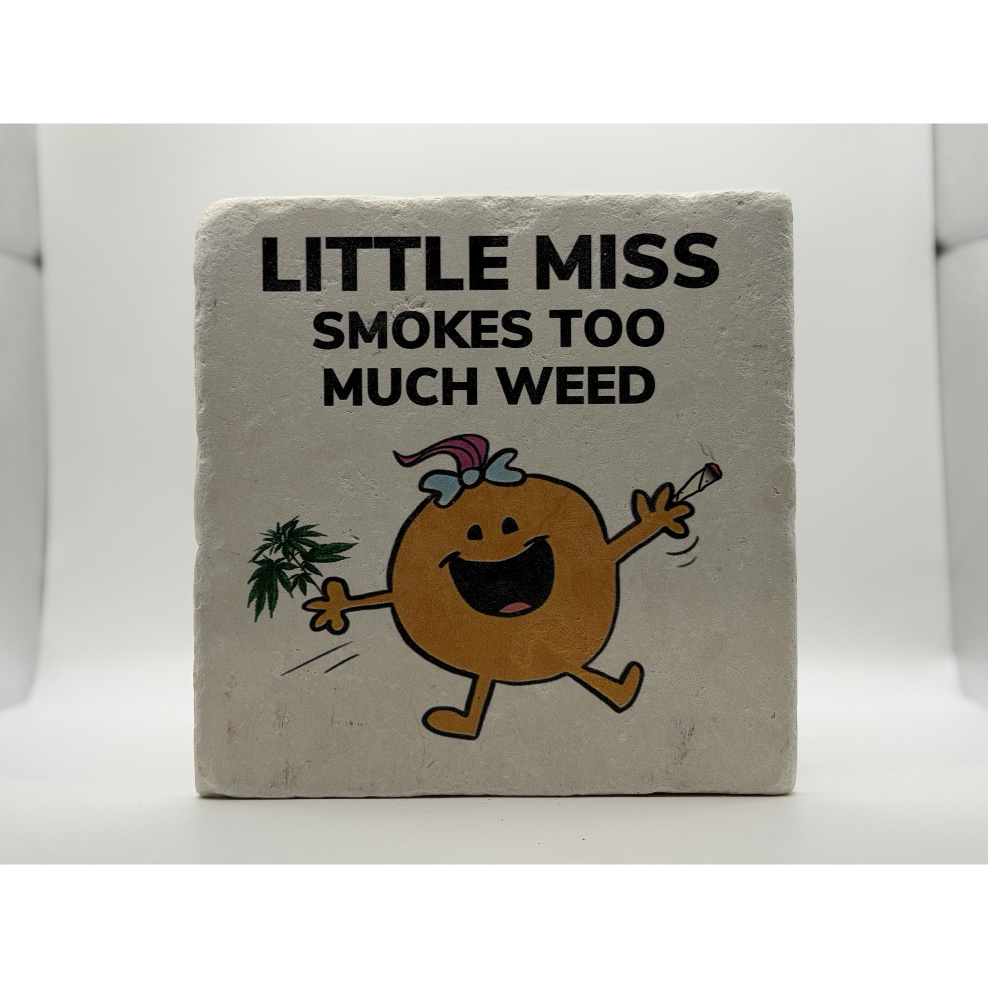 Little Miss Smokes Too Much Weed Natural Travertine Stone Hotpad 1