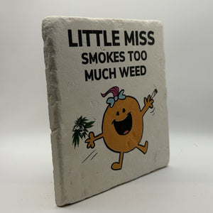 Little Miss Smokes Too Much Weed Natural Travertine Stone Hotpad 3