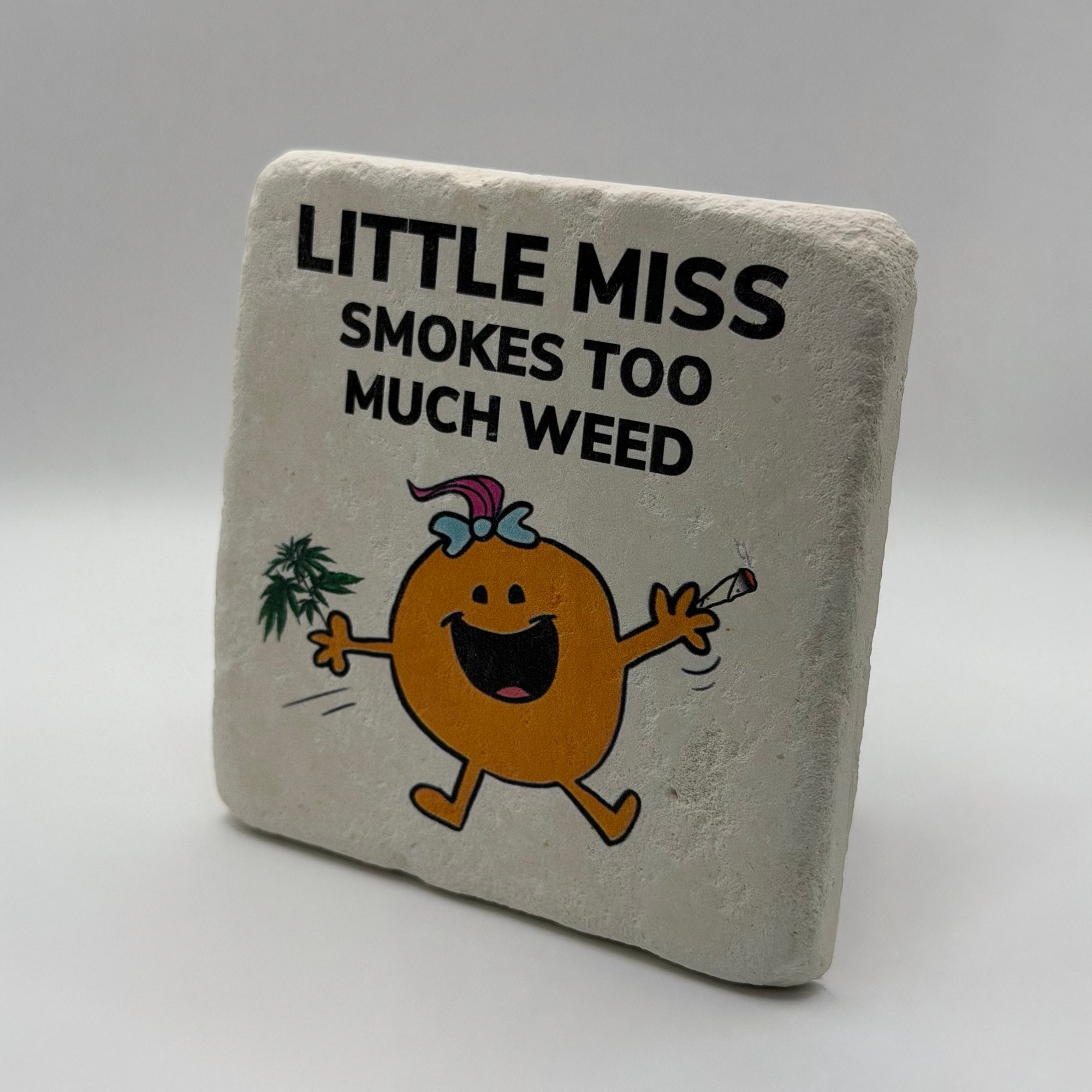Little Miss cartoon artwork printed on square natural travertine stone coaster