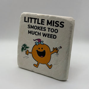 Little Miss cartoon artwork printed on square natural travertine stone coaster