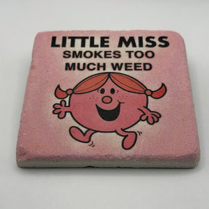 Pink Little Miss artwork printed on square travertine stone coaster