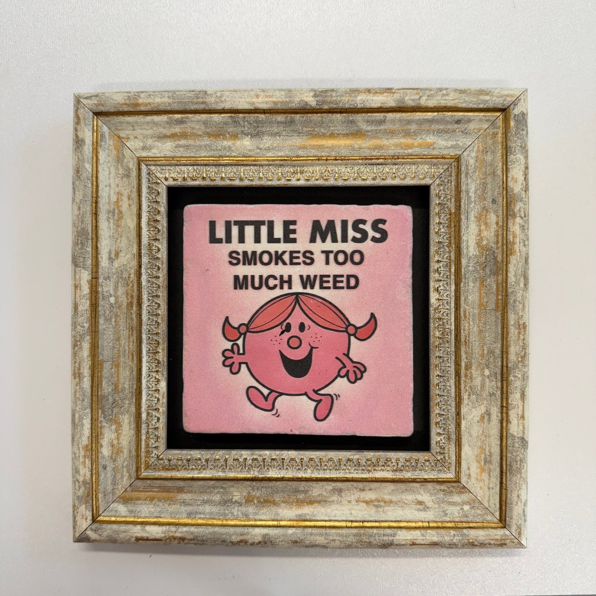 Variant Mapping v4 | little-miss-smokes-too-much-weed-pink-stone-coaster | with Gold Frame | sha256:ecbe620a2c67