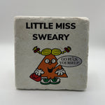 Little Miss Sweary artwork printed on square travertine stone coaster