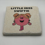 Little Miss Swiftie artwork printed on square travertine stone coaster