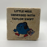 Little Miss character design printed on square travertine stone coaster