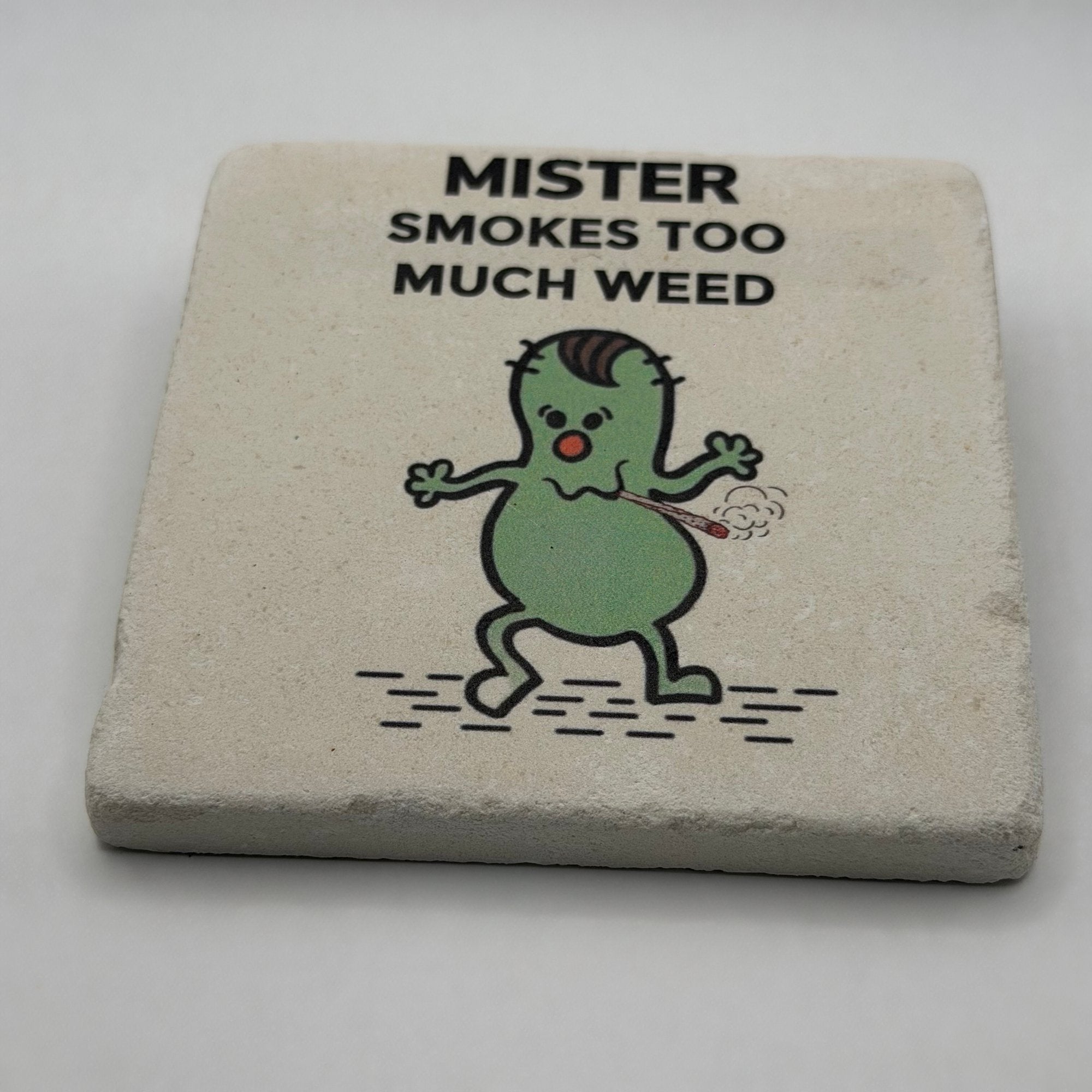 Little Miss cannabis-inspired artwork printed on square travertine stone coaster
