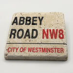 Abbey Road street sign artwork printed on square natural travertine stone coaster
