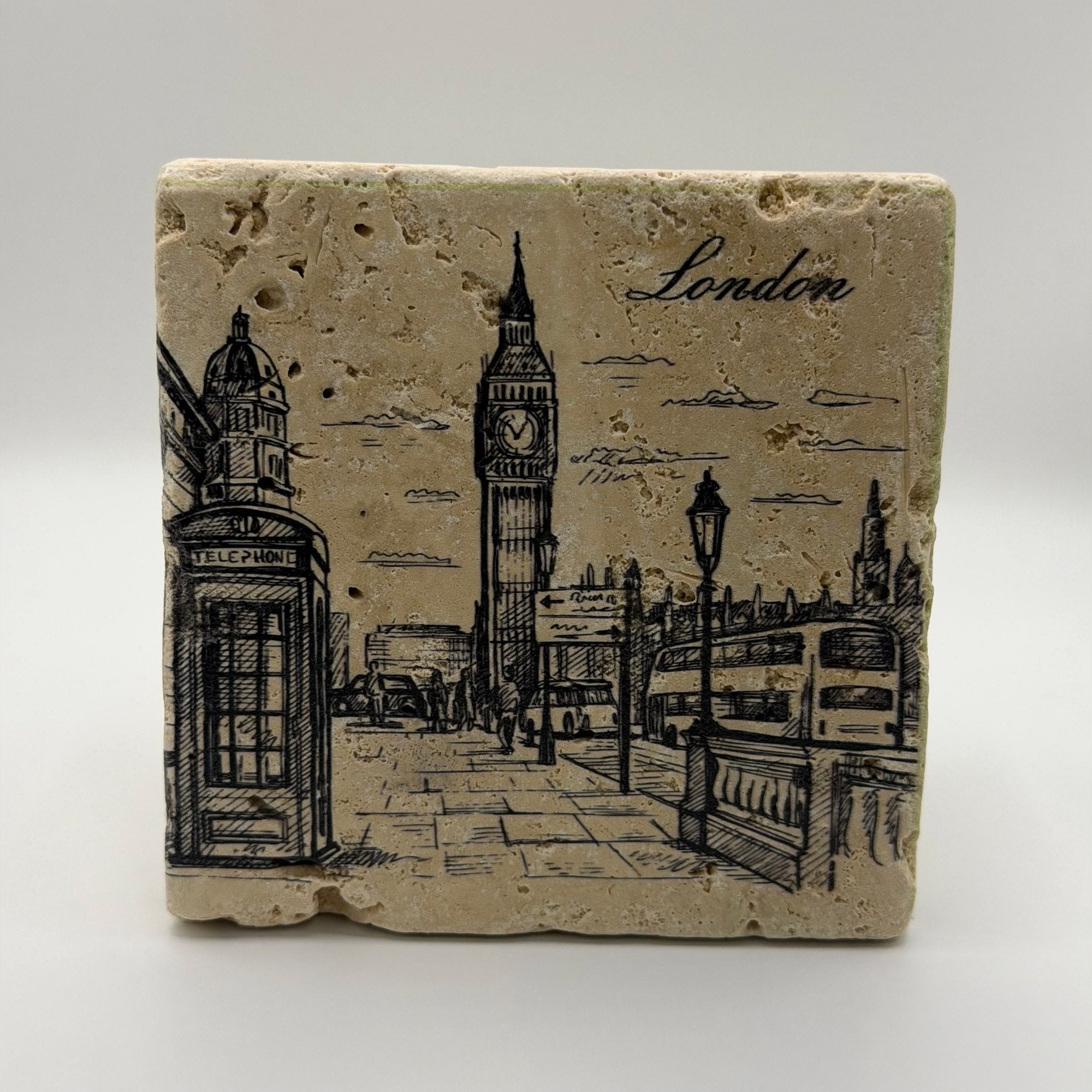 Vintage drawing of Big Ben printed on square travertine stone coaster
