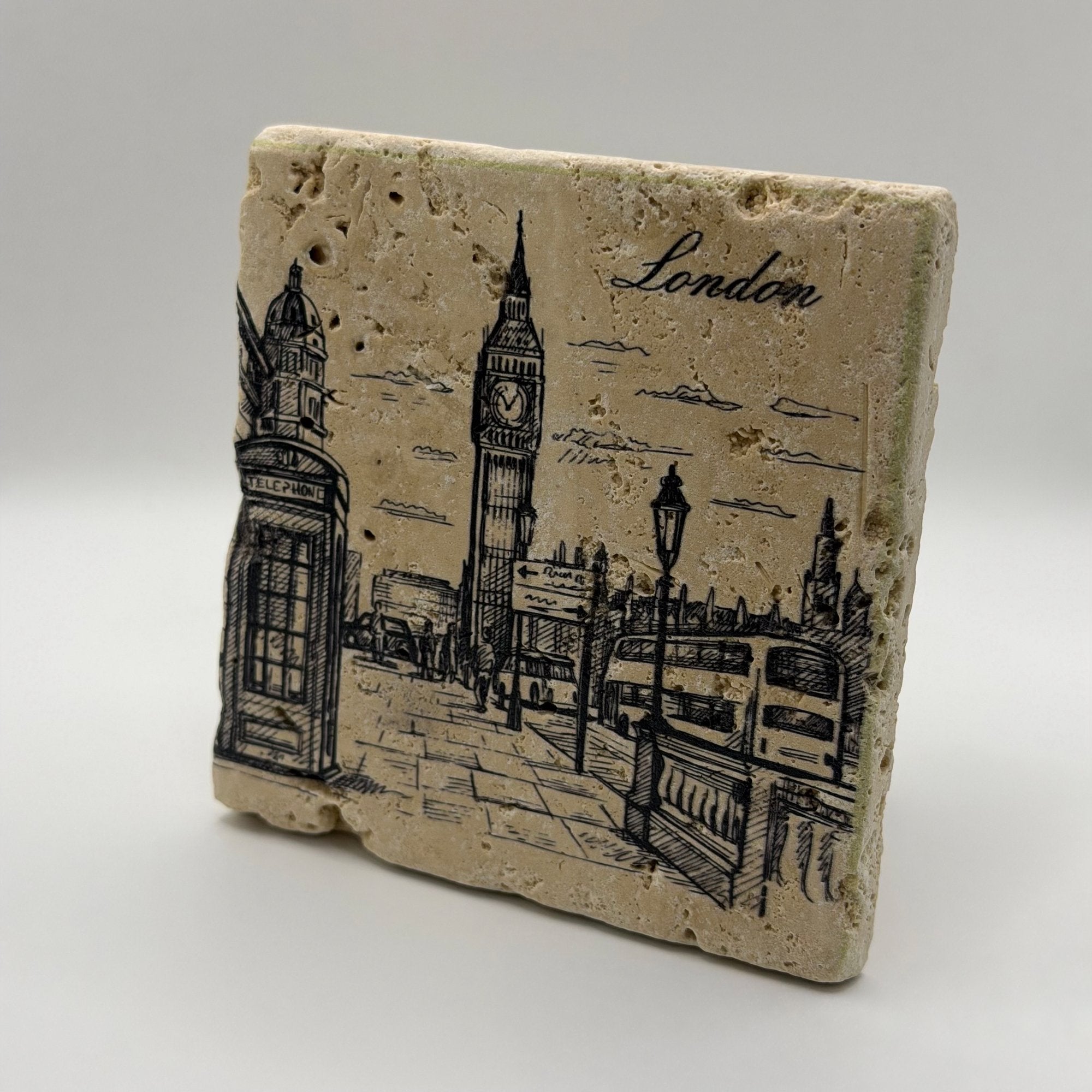 Vintage drawing of Big Ben printed on square travertine stone coaster