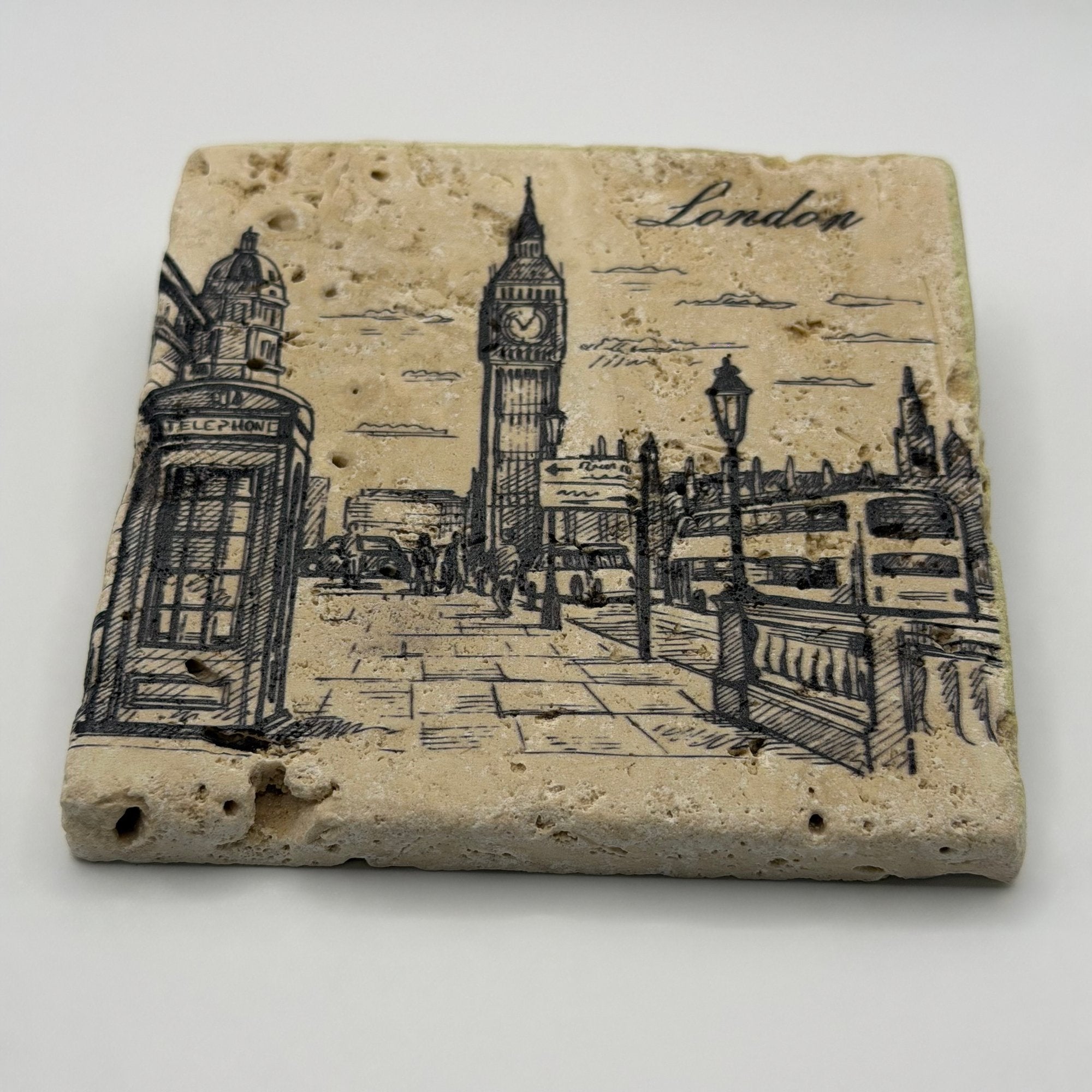 Vintage drawing of Big Ben printed on square travertine stone coaster