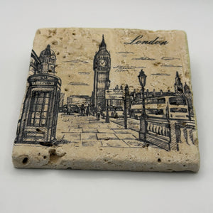 Vintage drawing of Big Ben printed on square travertine stone coaster
