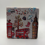 Pink Big Ben artwork printed on square travertine stone coaster