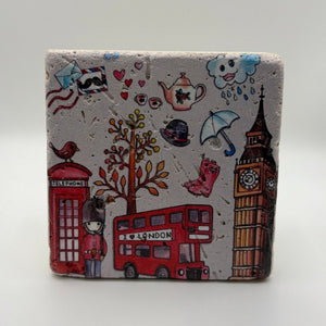 Pink Big Ben artwork printed on square travertine stone coaster