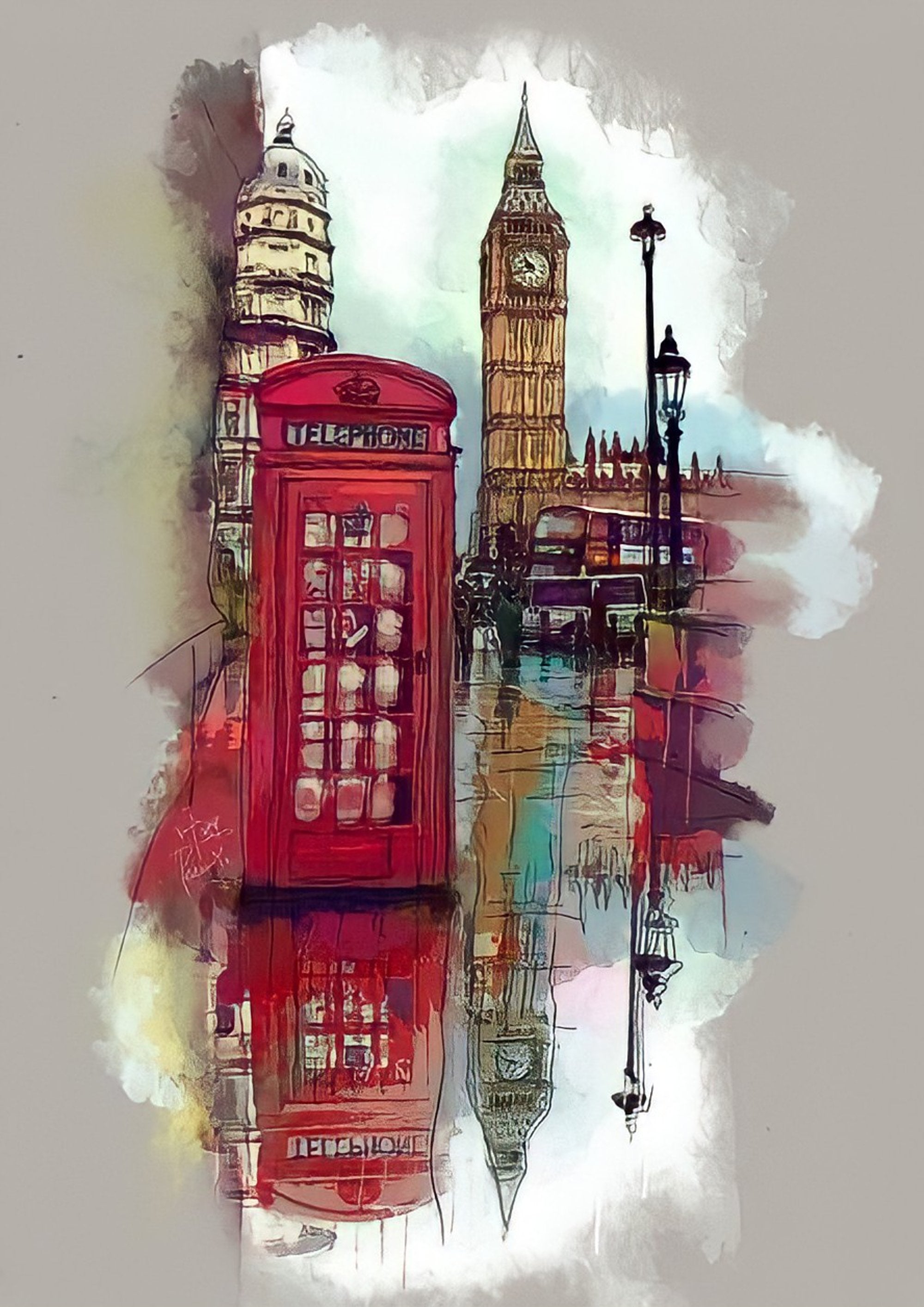 Big Ben red telephone booth artwork printed on MDF wall poster