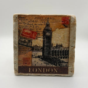 Vintage Big Ben artwork printed on square travertine stone coaster
