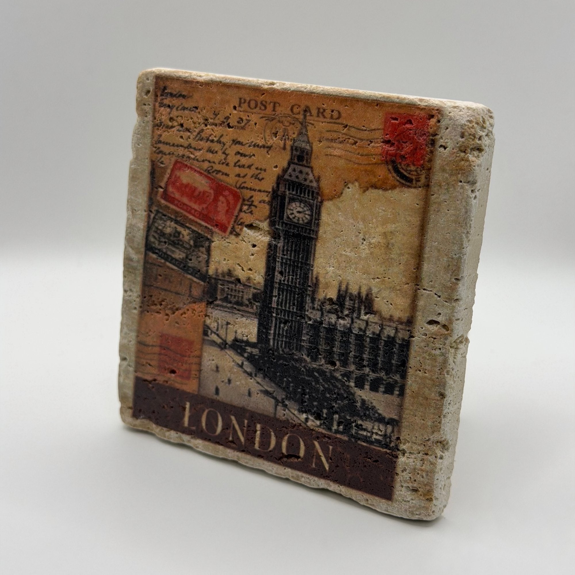 Vintage Big Ben artwork printed on square travertine stone coaster